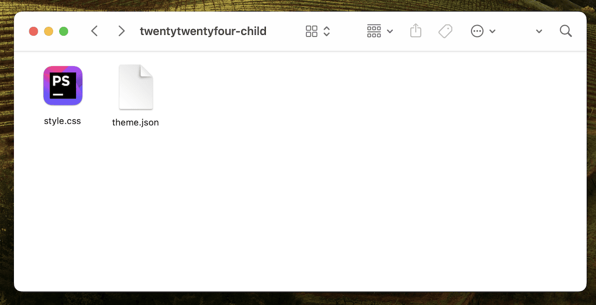 A macOS file explorer window for the twentytwentyfour-child theme showing two files: style.css and theme.json, indicating a child theme setup for WordPress development.