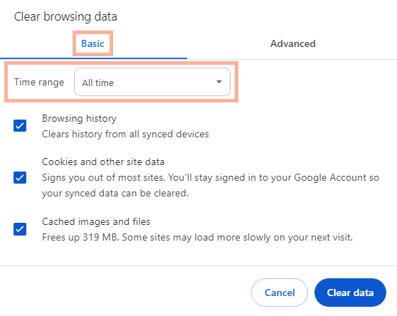 Clearing the browsing data using the basic options.