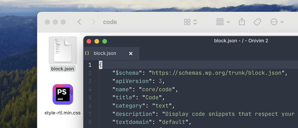 A portion of a macOS Finder window showing the contents of the code directory. There's also a portion of a code editor with an open block.json file. The visible code defines properties for a WordPress block named