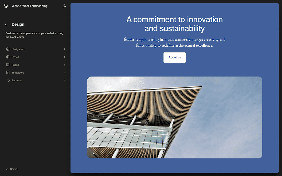 The WordPress Site Editor main screen, showing a blue home page with the title, "A commitment to innovation and sustainability." The page features a modern architectural image and customization options in a black left-hand sidebar.