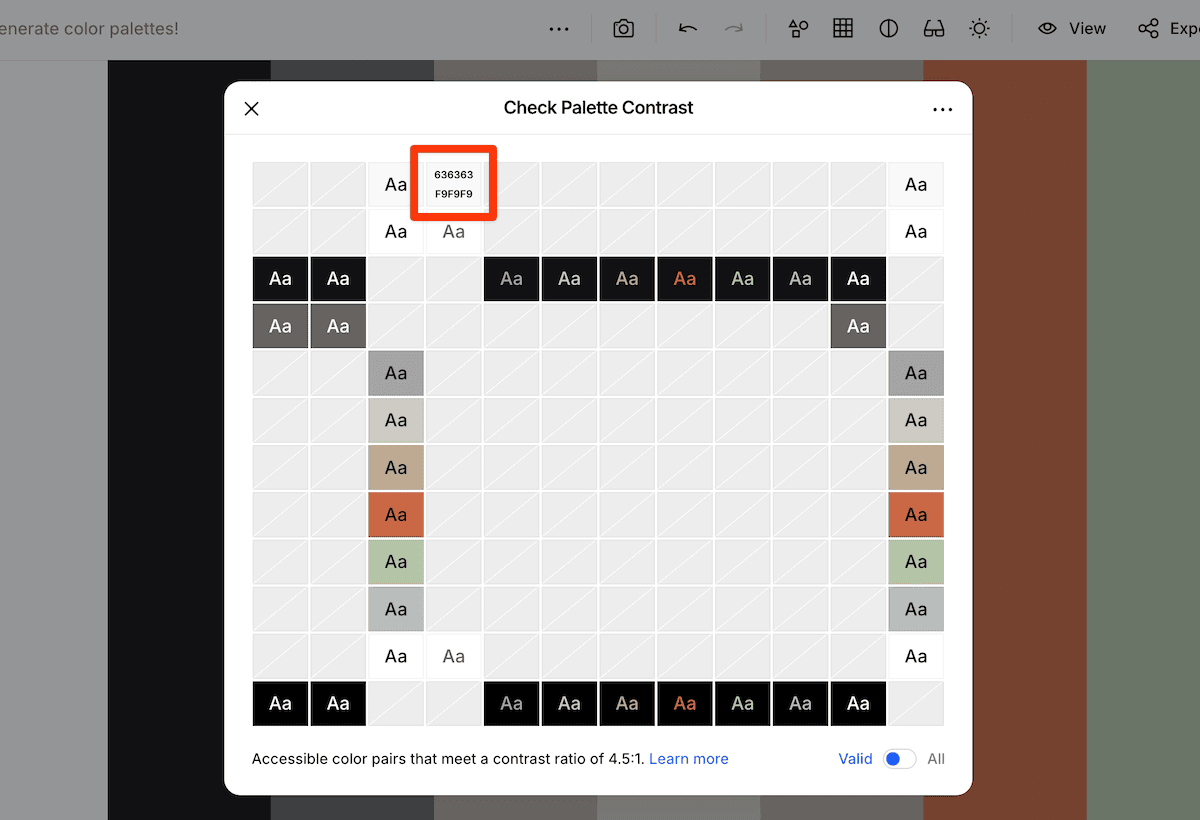 The Coolors color palette contrast checker tool showing various color combinations with text samples to assess accessibility and readability. One square with a red highlighted box shows two hexadecimal codes of compatible contrasting colors.