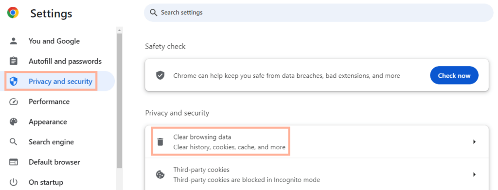 Going to the ‘Privacy and security’ settings in Google Chrome to clear the browsing data.