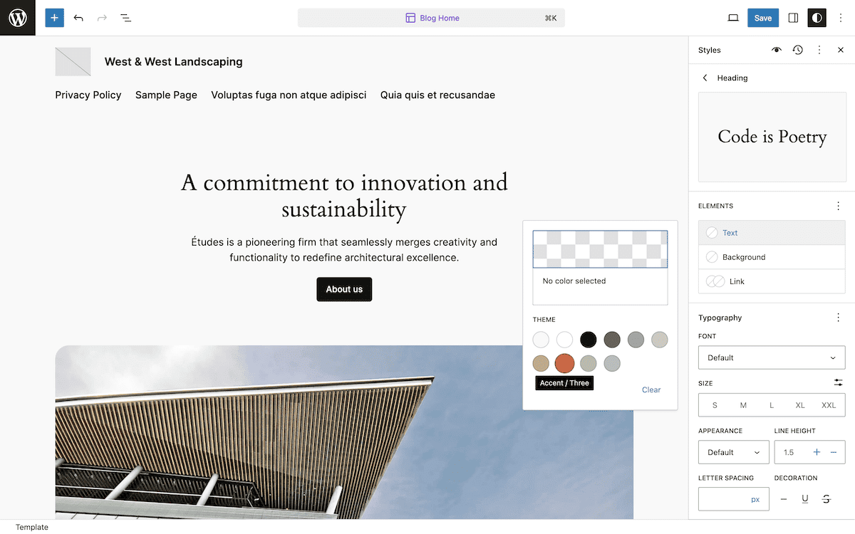 The WordPress Site Editor interface showing a website home page. The main content area displays a heading, brief description, and an About us button all in black. Below is an architectural image featuring a modern building with slanted wooden slats. The right-hand sidebar shows the Styles options, with a pop-out panel to select a text color.